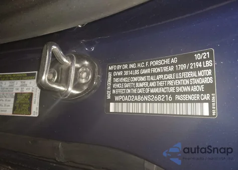 2022 Porsche 718 Cayman Gts 4.0 from USA, damaged, VIN WP0AD2A86NS268216